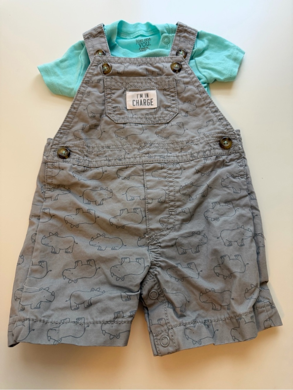 Just One You Gray Rhino Shortalls with Mint Tee Set